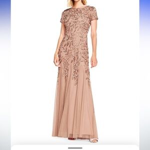Adrianna Papell Pink Gold Maxi Gown Flutter Sleeve Bateau Neckline